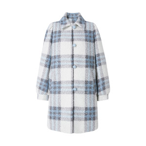 
[Hydna Romance] Uena American Retro Blue White Plaid Woolen Jacket Mid-length Front Shoulder Coat