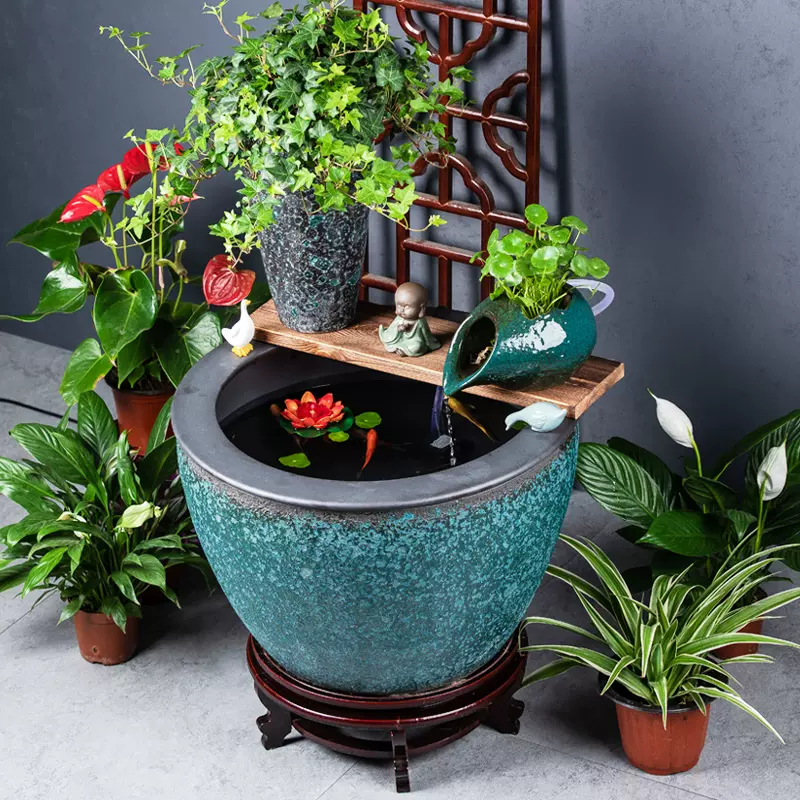 陶瓷大缸古法养鱼缸客厅阳台落地金鱼缸陶罐循环流水造景老式水缸