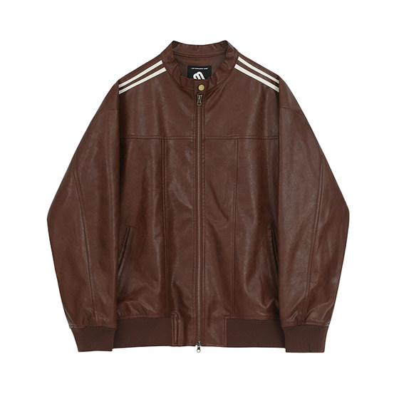 
MRCYC Maillard style leather jacket men's autumn loose stand collar top Korean trendy motorcycle leather jacket