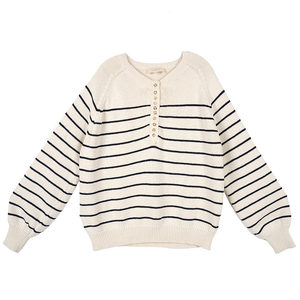 
French retro button striped long sleeve round neck puff sleeve loose slimming cotton knitted sweater women casual thread shirt