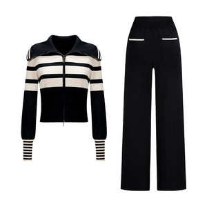 
CHICHY Western slim knitted two-piece set for women 25 autumn and winter new black striped knitted cardigan casual trousers