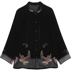 Yingmei Jia Xiangyun Embroidered Silk Velvet Cardigan Top Women's Stand-up Collar Nine-quarter Sleeves Grand National Style Mulberry Silk Shirt