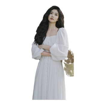 Large -size French retro square collar white fairy dress
