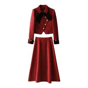 
Smen Shimeng Thickened Woolen Long Winter Skirt Set Two-piece Korean Style High-end Red Little Flavor Style Dress