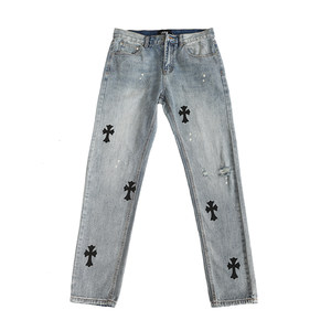 
JDKZ American retro washed distressed cross print jeans men's street slim slim straight trousers trendy