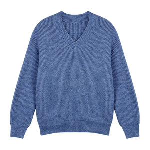 pusumede block walk grey v-neck sweater women pullover loose casual lazy long-sleeved knitted top