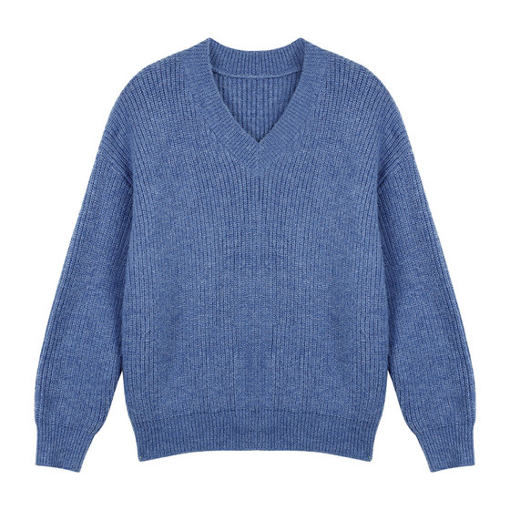 pusumede block walk grey v-neck sweater women pullover loose casual lazy long-sleeved knitted top