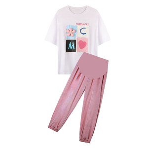
2023 new maternity wear short-sleeved T-shirt summer top loose belly support petite nine-point leggings two-piece set