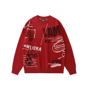 
LAMLICKA red couple sweater men thickened letters autumn and winter loose round neck pullover knit sweater trend
