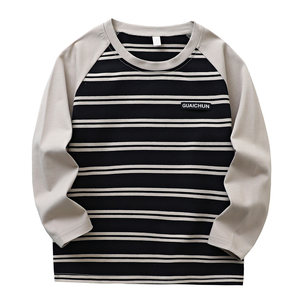 Beautiful Class A children's clothing spring long-sleeved boys T-shirt for girls, cotton round neck striped base shirt for children, long sleeves for rasp shoulders
