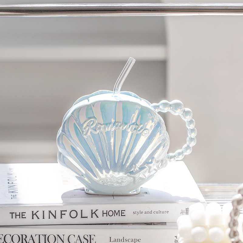 珍珠贝壳马克杯带盖吸管高颜值女生可爱陶瓷水杯设计小众杯子礼物