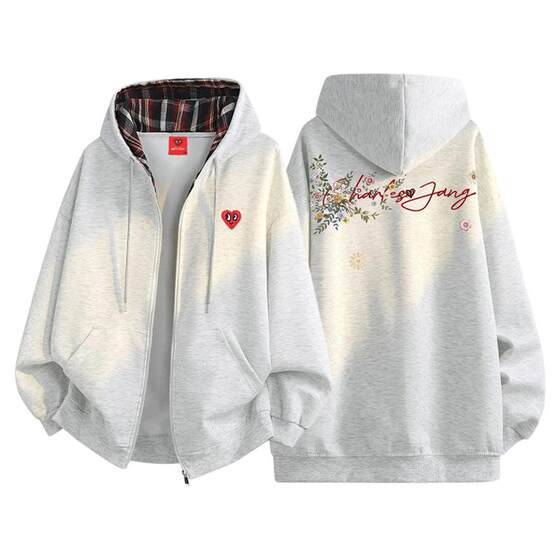 
Charles Heart Contrast Plaid Plus Velvet Thickened Cardigan Sweater Men's Hand-painted Letters Printed Hooded New Jacket