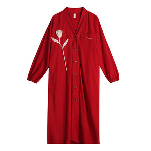 
Xuanliang new Chinese nightgown for women in spring and autumn pure cotton long-sleeved red nightgown pajamas large size wedding home clothes morning gown