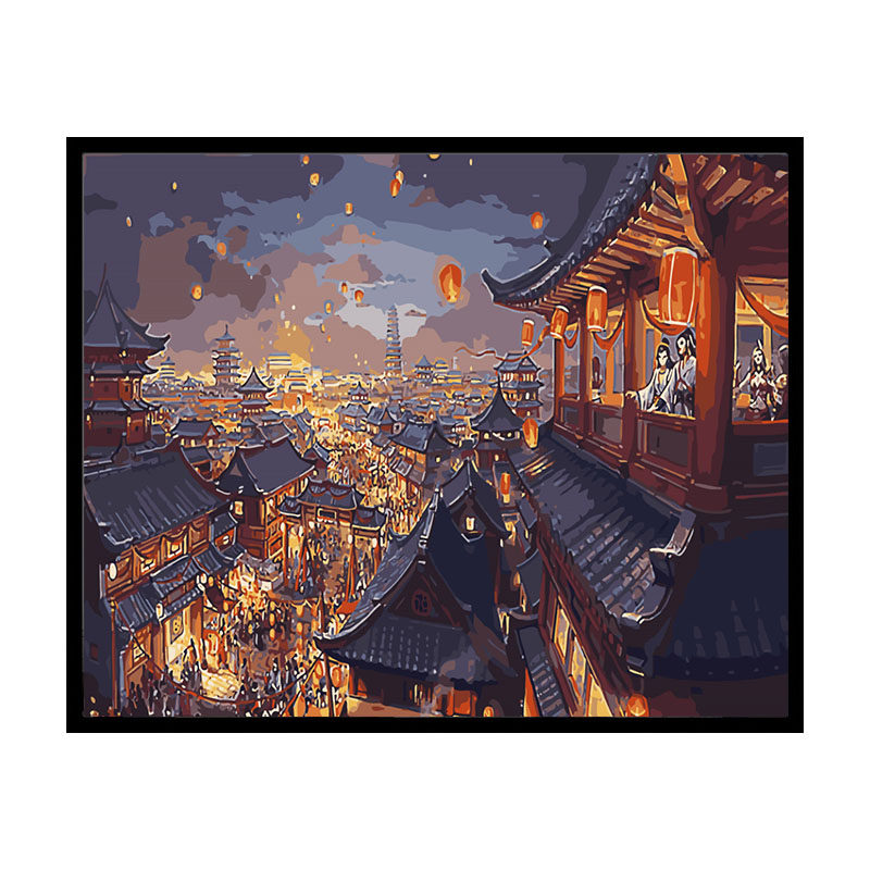 风景油画DIY古风夜景孔明灯手绘涂色油彩画华灯初上