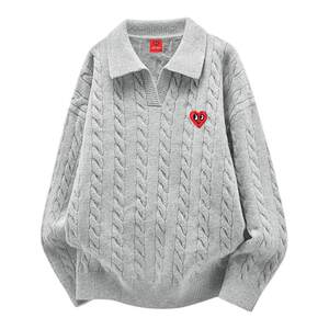 
Charles Heart American Small V-neck Sweater Men's Autumn and Winter New Trendy Brand Versatile Off-Shoulder Couple's Sweater