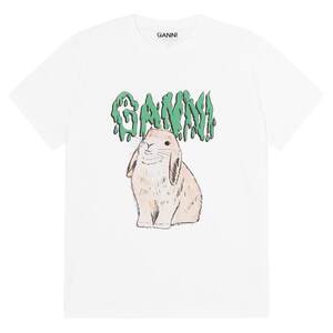 
[Selection Discount] GANNI Women's Rabbit Animal Print Round Neck Cotton Top Summer White Short Sleeve T-Shirt