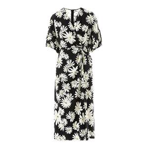 
Langzi v-neck floral skirt waist puff sleeves temperament high-end dress 2025 autumn new long skirt for women