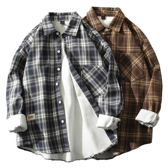 velvet thickened plaid shirt for men with long sleeves Japanese trendy brand inner wear warm shirt loose jacket for men
