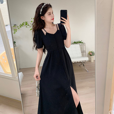 taobao agent Retro summer design dress, black long skirt, plus size, french style, trend of season