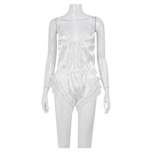 
Fashionable lace splicing suspender cardigan high-waisted shorts two-piece set comfortable and high-end acetic acid home set