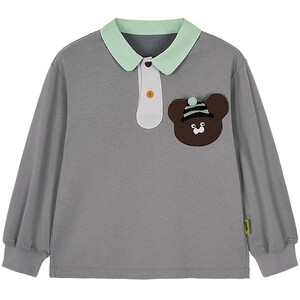 
[3A Antibacterial]woobaby Children's Antibacterial Anti-mites Pure Cotton Polo Shirt Boys and Girls Autumn Long Sleeve Contrast Top T-Shirt