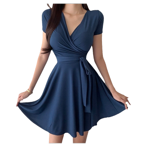 
Sexy V-neck strap short-sleeved waist A-line dress 24 summer new style slim and slim high-waisted skirt for women