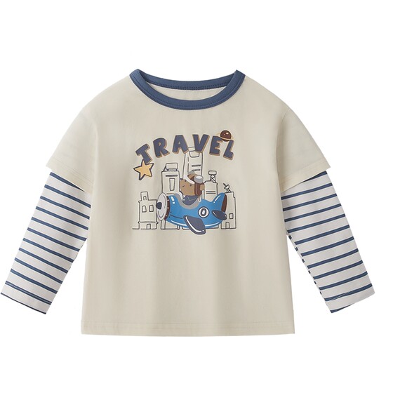 
Boys' long-sleeved T-shirt baby striped fake two-piece spring and autumn 2026 boys' fashionable spring clothes children's spring clothes