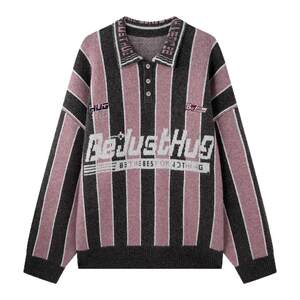 
BJHG reckless racing style lapel sweater men's winter wool sweater heavy striped POLO collar sweater