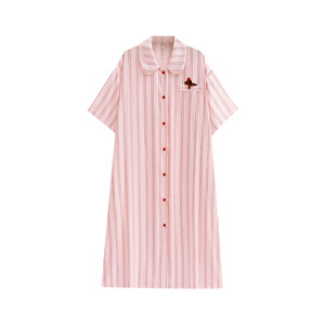 
Yue Nei nightgown women's pajamas summer ice silk large size cardigan shirt pink stripes fashionable outside