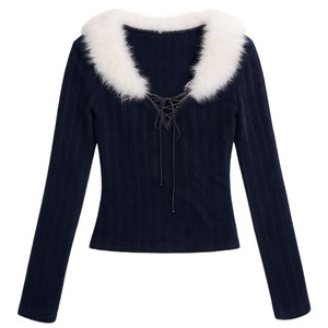 
[Ready Stock] Fragile Shop Study Room Sweet V-neck strappy top Slim-fitting sweater Early spring versatile T-shirt