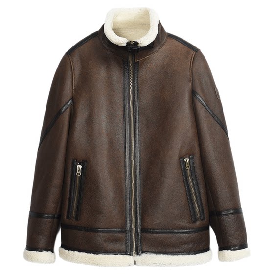 
MCS men's clothing originated from Marlboro autumn and winter American retro fitted version stand collar fur integrated wool leather jacket