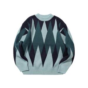 
PINSKTBS 25 Autumn and Winter Retro Leisure Loose Diamond Round Neck Jacquard Pullover Sweater Long Sleeve Knitted Sweater Men