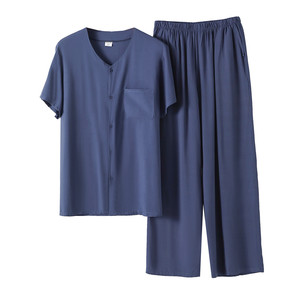 
Middle-aged and elderly summer cotton short-sleeved cardigan trousers two-piece suit dad cotton top grandpa artificial cotton summer suit