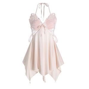 
Zheng Daxi Pure Love Small Waist Sexy Women's Nightgown Ice Silk Suspender Butterfly Nightgown High-end Lace with Breast Pad