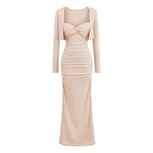 
liviahome pure lust style pleated breast padded suspender dress cardigan two-piece set that covers the buttocks and shows off the breasts with elegant long skirt