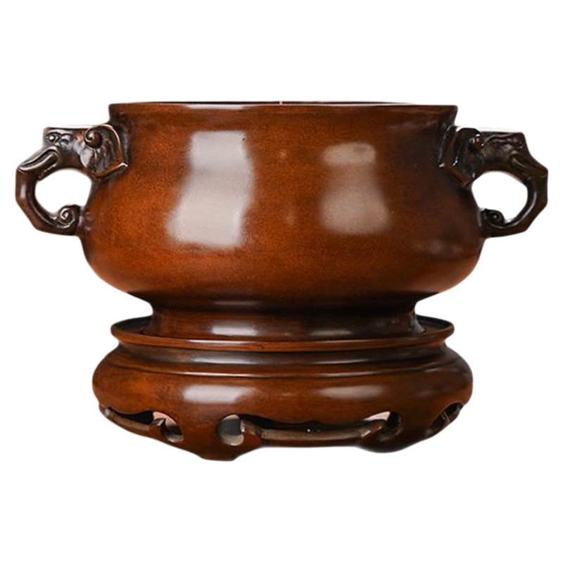 大号带座象耳铜炉香炉上香具道观供禅意铜