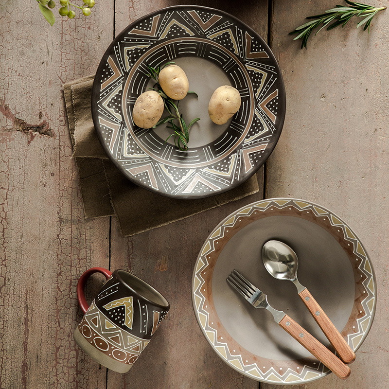 创意陶瓷个性粗陶餐具日式盘子复古菜盘家用美式餐盘套装艺术盘子