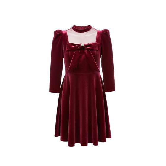 T-zone Vero Moda dress autumn and winter velvet tulle three-dimensional bow high waist A hem