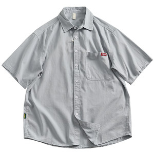 Japanese retro work suit short-sleeved shirt for men BF lazy style loose cotton rotator sleeve jacket shirt couple style
