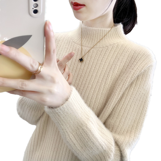 
Thickened imitation mink vintage half turtleneck sweater for women 2025 autumn and winter new loose and fashionable inner layer base ladies knitted sweater