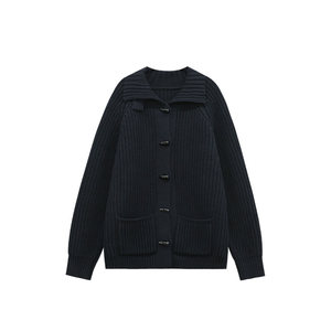 HVIVI Heavy Horn Button Sweater Cardigan Women's Winter Loose Lazy Design Lapel Thickened Knitted Jacket