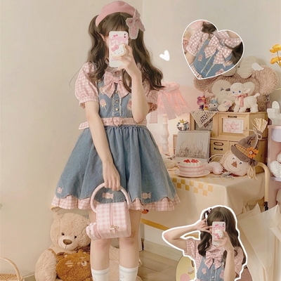 taobao agent [To Alice] C6679 Original bear's candy house petal petal swing denim strap dress