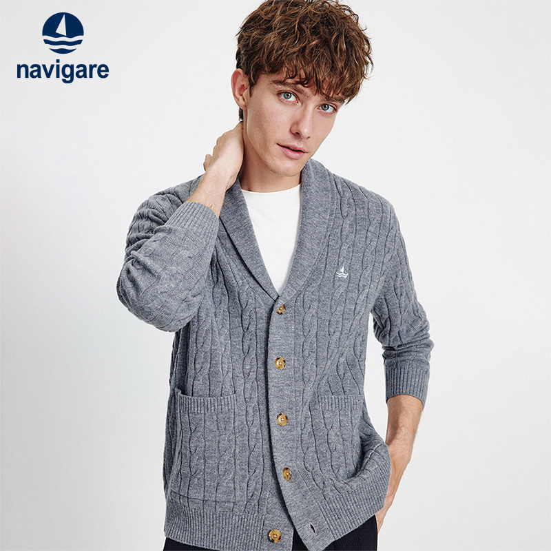 Navigare 意大利小帆船 100%绵羊毛 青果领绞花 男式针织衫开衫 88VIP会员折后¥366.55顺丰包邮 2色可选 淘金币可抵扣¥24