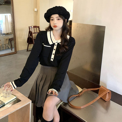 taobao agent Autumn black top, knitted sweater, plus size, polo collar, fitted