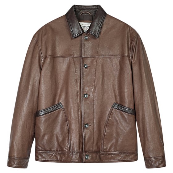 
MCS men's clothing originated from Marlboro 25 fall 2018 new loose shoulder contrast lapel workwear sheepskin leather jacket