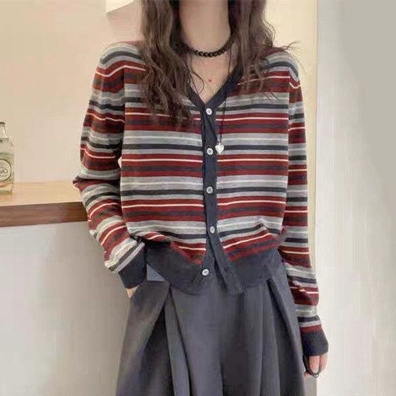 早秋条纹针织开衫女春秋装2024新款上衣V领拼色细羊毛衫毛衣外套