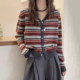 早秋条纹针织开衫女春秋装2024新款上衣V领拼色细羊毛衫毛衣外套