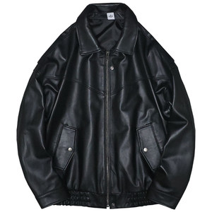 Social version of the soft head layer cotton leather leather clothes men and women loose youth leisure lapel simple leather jacket bow bow