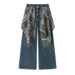 Plus size fat mm American retro plaid ripped jeans