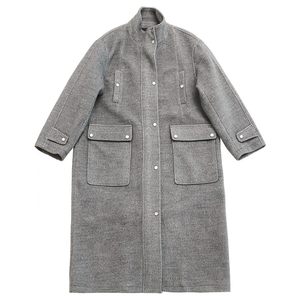 Deer and Birds'Xufeng Passing' Retro Stand Collar Mid-Length Wool Blended Temperament Gray Woolen Jacket 7024